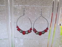 Hoop Earring with Red and Silver Beads